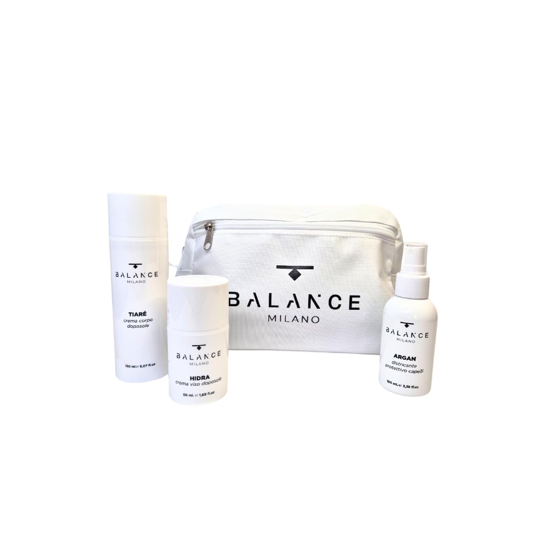BALANCE MILANO - Kit Doposole Viso Corpo Capelli Made in Italy con Pochette - Crema Viso 50ml + Crema Corpo 150ml + Spray Capelli 100ml - Idratante e Lenitivo Post Esposizione Solare - Set Regalo