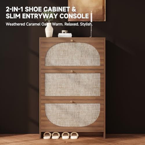 Nicetree Freestanding Ultra Slim Fluted Accent Shoe Storage Cabinet for Entryway - 3 Flip Drawers & 3-Tier Adjustable Shelves, Farmhouse Modern Rustic Shoe Rack for Hallway, Foyer by Nicetree - Image 2