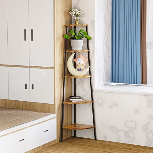 Lazeyard 5 Tier Corner Shelf Stand, Corner Bookshelf, Corner Ladder Shelf For Bedroom, Living Room, Balcony, Office, Kitchen 62.6Inches (Rustic Brown) #TOP1