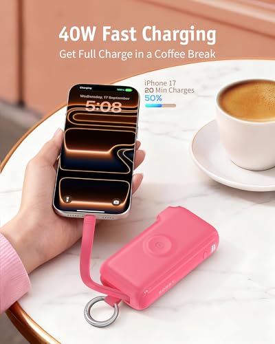 Image of RORRY Flow Portable Charger 10000mAh 40W Wall Plug Power Bank Battery Pack | Built-in USB-C Cable, Keychain Design, Fast Charging, for iPhone 17 /16 /15, Apple Watch, iPad, 3-in-1, Travel Essential