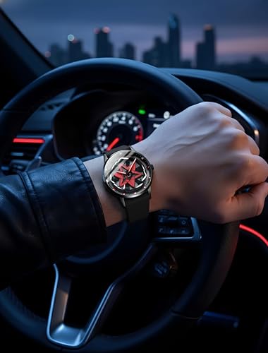 Image of Oculus Men's 3D Car Wheel Rotating Watch, Luxury Sport Quartz, Black and Red, Hollow Hub Dial, Magnetic Silicone Strap (Red Eye)