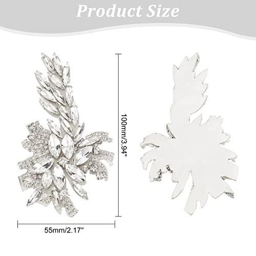 FINGERINSPIRE 2PCS Flower Crystal Applique Patch (Platinum, 3.9x2.2 inch) Flower Leaf Glass Rhinestones Applique Sew on Patch, Wedding Bridal Belt Applique DIY Embellishments for Costumes, Shoes