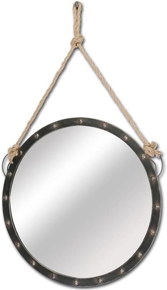 Pemberly Row Contemporary Round Metal Frame Mirror, Black Finish, 27 in Diameter, Faux Rust with Marine-Style Hanging Rope, Coastal or Modern Decor Wall Mirror