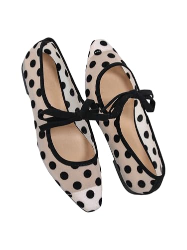 Women's Polka Dots Mesh Ballet Flats Shoes Bowknot Pointed Toe Mary Jane Flats Closed Toe Comfortable Dress Shoes
