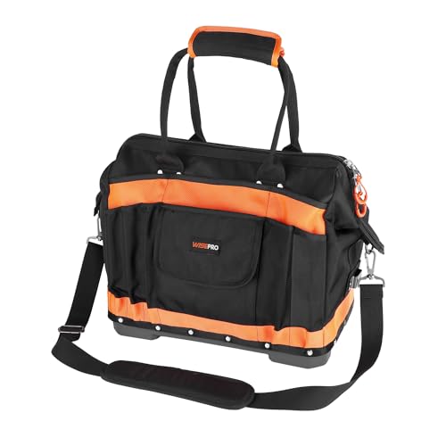 WISEPRO Wide Mouth Tool Bag, 16 Inch Heavy Duty Tool Bag with Molded Base, Multi-Pocket Storage Organiser Bag with Shoulder Strap for Hand/Power Tools