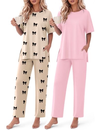 Ekouaer Women's Lounge Sets Short Sleeve Top Long Pants 2 Piece Outfit Set