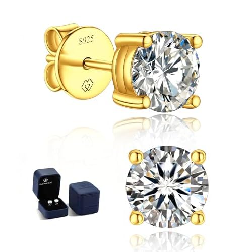 MomentWish 14K Gold Plated Stud Earrings, Birthday Gifts for Women, 1-2Carat Moissanite Earrings, Lab Created Diamond Earrings, Yellow/Rose Gold Plated 925 Sterling Silver Earrings Women Men