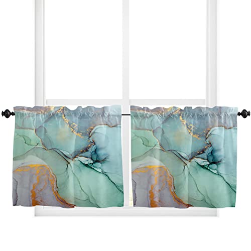 Window Curtains For Living Room/Bedroom/Kitchen/Bathroom, Marble Blue And Green With Gold Rod Pocket Small Short Half Tier Cafe Curtains & Drapes 24 Inches Long Window Treatment Abstract Marble Crack #TOP13