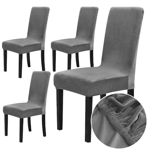 Chickwin Chair Covers for Dining Chair 2/4/6PCS, Solid color Universal High Back Stretch Velvet Chair Cover for Party Room Spandex Removable Washable Chair Cover Slipcovers (4 PCS,Gray)