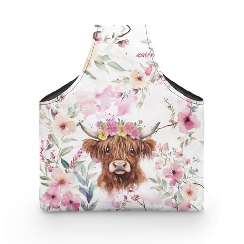 Image of ZUXONGSY Highland Cow Crochet Yarn Bag for Women Pink Floral Knitting Tote Bag for on The Go Travel Portable Knitting Project HanbBag for Crochet Hooks