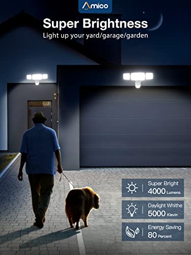 Amico 3 Head Led Security Lights With Motion Sensor, Adjustable Motion Detected Flood Light 40W 4000Lm, 5000K, Ip65 Waterproof, Outdoor Motion Sensor Light For Garage, Yard, Entryways(White) #TOP1