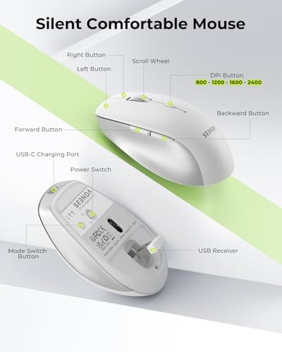 Image of seenda COE401 Bluetooth Keyboard Mouse Combo, Rechargeable, White Silver | Silent rechargeable keyboard and mouse with 3-device connection for Windows, Mac, iPad, and laptops.