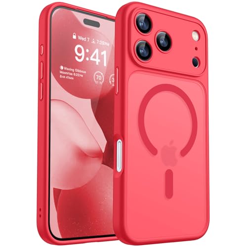 Image of CANSHN Magnetic Compatible with iPhone 17 Pro Case, Upgraded [Full Camera Protection] [Compatible with Magsafe] [Translucent Matte] Shockproof Protective Phone Cover 6.3 Inch - Red