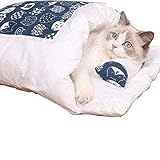 HiCollie ペット用品 ペット布団 ふかふか猫グッズ ペットハウス 猫 布団 ふとん可愛い猫用布団ドーム型 柔らかい ソフト ふわふわ 保温 防寒 ペットベッド 猫柄青 (L)