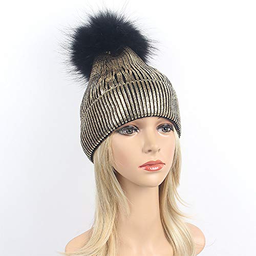 Jumisee Women's Metallic Knitted Winter Beanie Slouchy Faux Fur Pom Skull Cap, Gold, One Size #TOP6