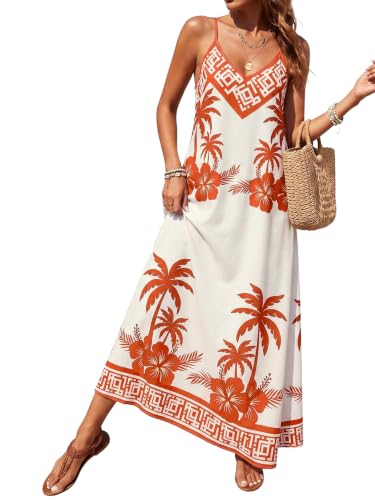 Umenlele Women's Boho Print Maxi Dress White Orange Palm Medium