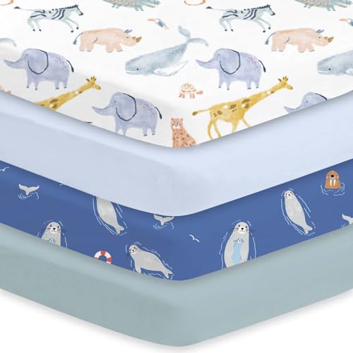 Image of Little Grape Land Crib Sheets 4 Pack for Boys and Girls, Baby Neutral Crib Fitted Sheets for Standard Crib & Toddler Mattress, Super Soft Breathable Fitted Crib Sheet Set (Fauna & Sea Lion)