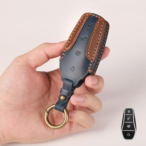 Image of Keyzone dual leather key cover compatible for BYD Seal, Atto3 4 button smart key (BlueBrown)