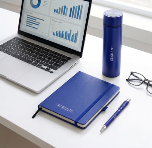 Image of Personalized Diary Gift Set with Bottle & Pen Blue | 3-in-1 | Custom name notebook, steel bottle and pen combo for employees, corporate gifting, office, men and women.