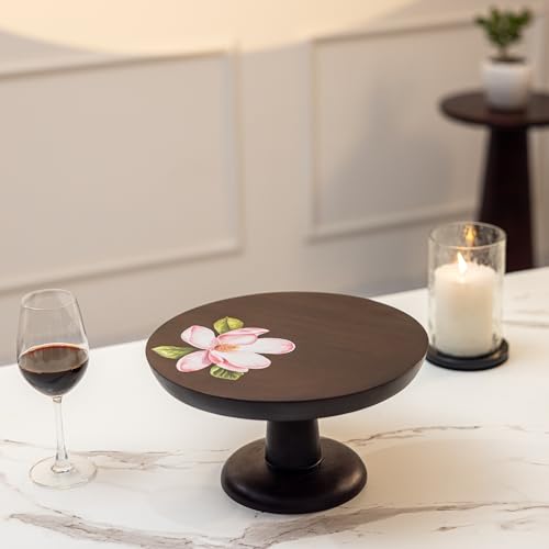 Image of Ireka Home Sakura Cake Stand, Acacia Wood - Round Cake & Pizza Stand, Dessert Platter for Dining Table, Cupcake & Pastry Display Stand, Cake Cutting Holder