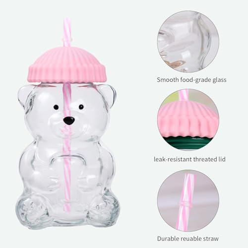Image of New Glass Bear Straw Cup 600ML Cute Bear Glass Tumbler with Reusable Straw - Viral Animal Design for Smoothies, Boba & Iced Coffee (Pink)