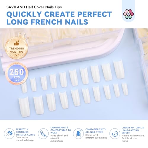 SAVILAND Acrylic Nail Tips: 10 Size for Acrylic French Nail Tools Natural Nails Tips Square Long Gel Tips Professional Gel Nail Extension Manicure Salon At Home