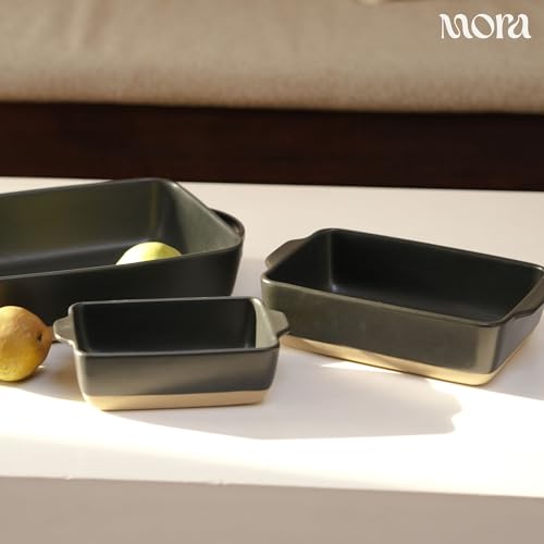 Image of Mora Ceramic Set of 2 Baking Dishes For Casserole, Banana Bread, Brownies, Broiling, Roasting, and Baking. 7x11 in and Loaf Pans - Porcelain Serving Bakeware from Oven to Table. Freezer Safe - Liquorice