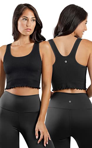 90 Degree By Reflex Ribbed Lettuce Edge Cropped Tank Top Long Line Bra - 2 Pack Black/Black - Large #TOP27