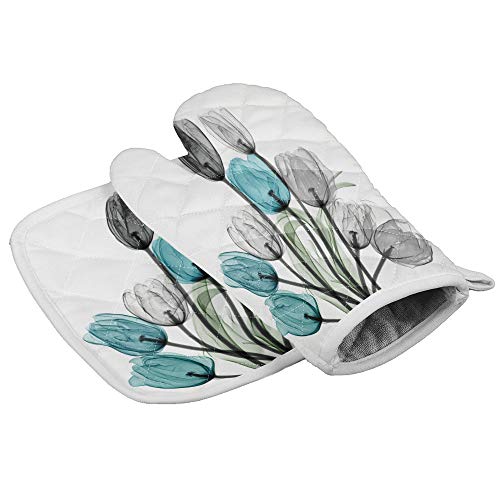 Set of Oven Mitt and Pot Holde Turquoise Tulip Oven Gloves Heat Resistance Non-Slip Surface for Kitchen BBQ Cooking Baking Grilling
