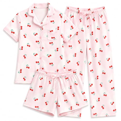 Image of US Angels Girls Pajama Set 3 Piece, Short Sleeve Button Down PJs with Shorts & Pants, Soft Sleepwear Girls & Tweens Size 5-16