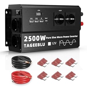 TAGEEBLU 2500W wechselrichter 12v auf 230v Reiner Sinus, spannungswandler 12v 230v, Wechselrichter für Fahrzeuge mit 4 AC Steckdose, 3 USB-A-Schnittstellen, TypeC 30W und LCD Bildschirm