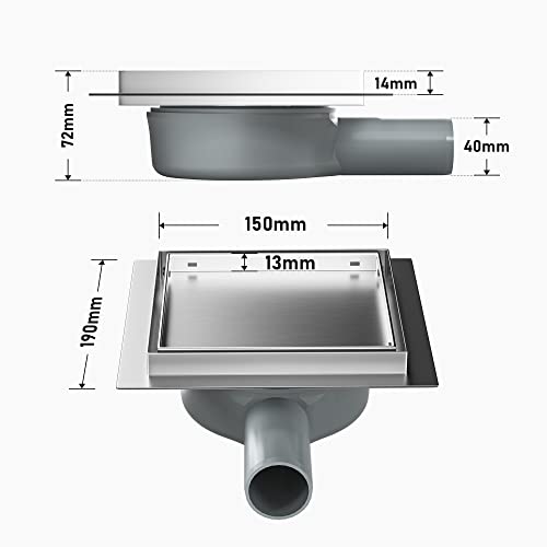 Bernkot Duschrinne Quadrat 15 * 15cm, 360° Siphon mit Geruchsstop und Haarsieb 2 in1 Befliesbar Edelstahl Ablaufrinne Bodenablauf Duschablauf sehr flach, Silbrig