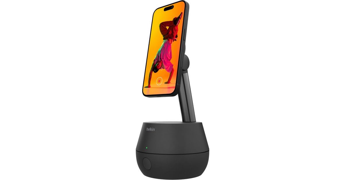Belkin Supporto Pro con tracking automatico con DockKit, caricatore wireless da 15 W con MagSafe, rotazione di 360°, integrazione iOS per iPhone 16/15/14/13/12, alimentatore con cavo da 1,5 mm