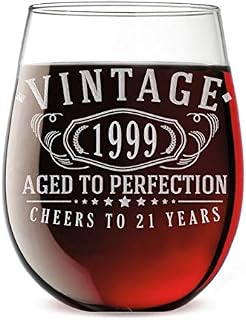 Vintage 1999 Etched 17oz Stemless Wine Glass - 21st Birthday Aged to Perfection
