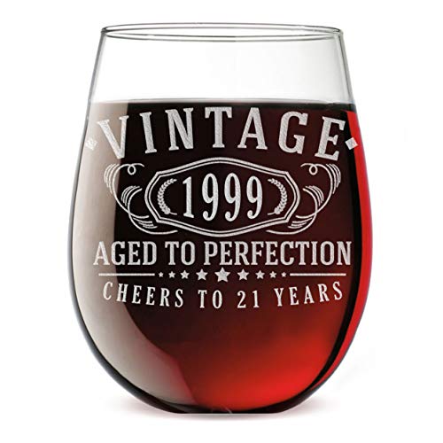 Vintage 1999 Etched 17oz Stemless Wine Glass - 21st Birthday Aged to Perfection