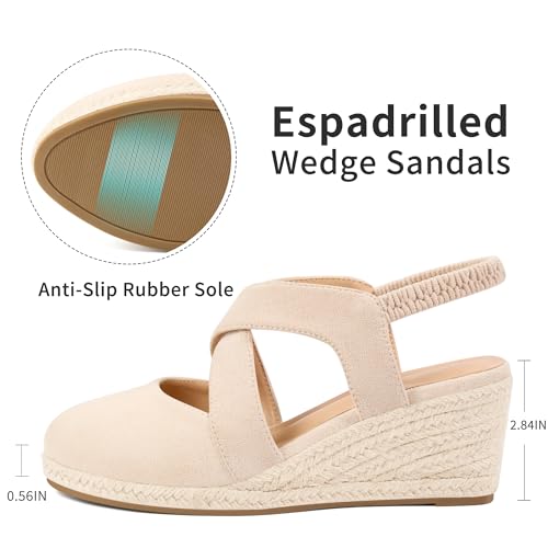 Image of HARENCE Espadrilles Wedge Sandals for Women: Comfortable Closed Toe Ankle Strap Elastic Shoes Summer Dressy Platform Heels