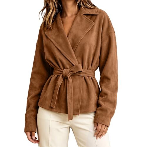 Rianclud Womens Faux Suede Cropped Jackets Lapel Tie Waist Short Coat - image 2