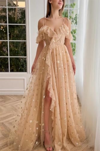 Eightale Tulle Cold Shoulder Long Sparkly Prom Dress Starry Ruffle Hem Slit Formal Party Dress4