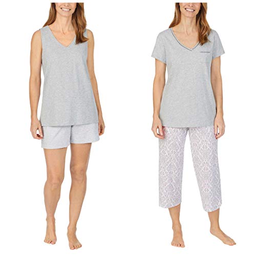 Image of Carole Hochman 4-Piece 100% Cotton Pajamas for Women Set for Sleep & Lounge | Womens V-Neck T-Shirt & Tank Pajama, Capri PJ Pants & Shorts with Pockets Lightweight Breathable Sleepwear & Loungewear Sets