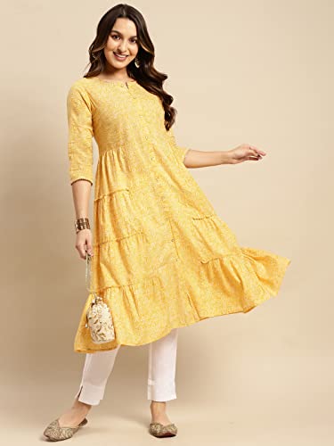 Image of rangita Cotton Calf Length Printed Tiered Flared Kurti for Women | Kurta for Women