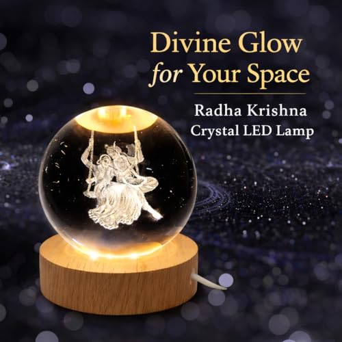 Image of 3D Radha Krishna Crystal Ball Night Lamp with Wooden Base, LED USB Decorative Light (Radha Krishan jula)