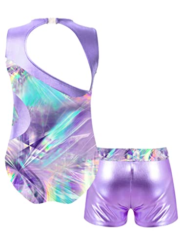 Choomomo Kids Girls Gymnastics Dance Suit One Piece Sleeveless Leotard With Shorts Outfit Set Lavender A 12 Years #TOP1