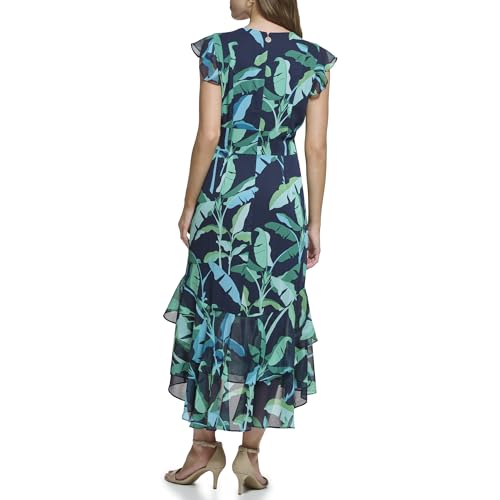 Image of Tommy Hilfiger Women's Flutter Sleeve V-Neck Ruffle Trim Hi-Lo Midi Dress