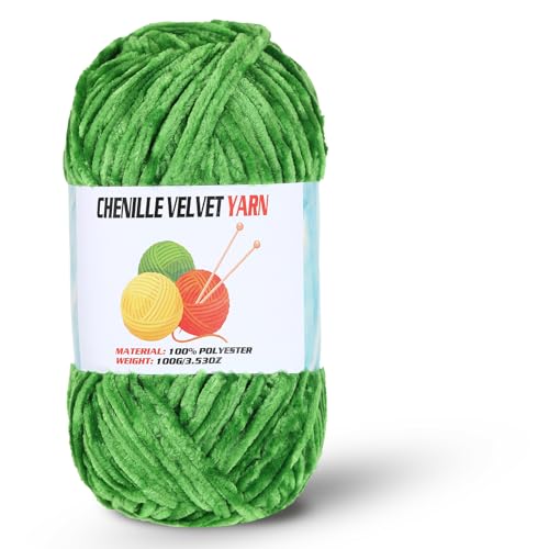 Image of Velvet Chenille Chunky Yarn, Handcrafts Weaving Soft Chenille Yarn for Crocheting Clearance, Used for Making Baby Yarn Blanket, Clothes, Knitting Creations (1 - Green)