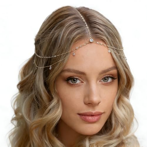 Boho Head Chain Gold Headpiece Tassel Bohemian Headbands Tassel Forehead Chain Bridal Jewelry Dangle Headchain Hair Accessories Vintage Headband for Women Hair Bands Headwear