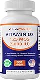 Vitamatic Vitamin D3 5000 IU (125 mcg) – 500 Mini Softgels Olive Oil-Based Formula – Cold-Pressed – 500-Day Supply – Supports Bone, Muscle & Immune Health – Non-GMO & Gluten-Free