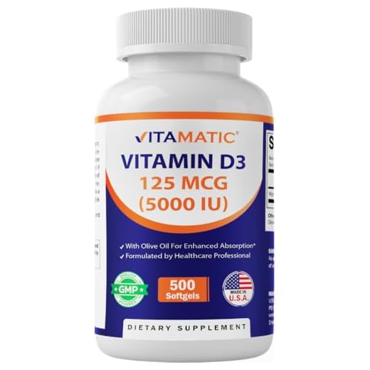 Vitamatic Vitamin D3 5000 IU (125 mcg) - 500 Softgels (Olive Oil Based) - 500 Days Supply - for Healthy Muscle Function, and Immune Support, Non-GMO, Gluten Free in Cold-Pressed Mini Softgels