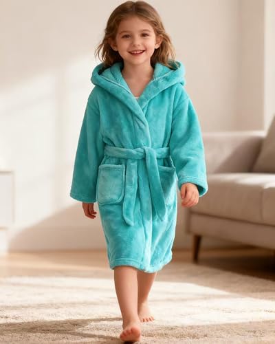 Image of Girls Fleece Hooded Robes, Warm Printed Bath Robe for Kids Soft Fuzzy Bathrobe for Gifts