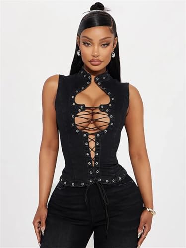 Women's Sexy Hollow Out Denim Vest Skinny Lace Up Drawstring Sleeveless Stand Collar Crop Tank Tops3