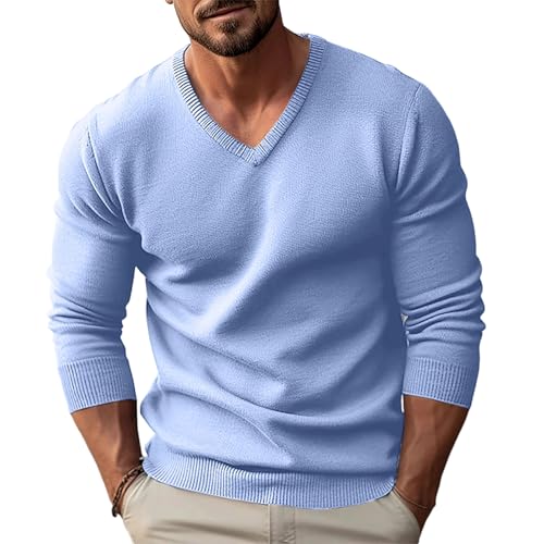 Jersey Hombre Invierno Cuello en V, Sweater Hombre Manga Larga Color Liso, Jerseys Elástico Sweaters Trabajo Moda   Adecuado para Primavera, Otoño E Invierno Azul Claro L